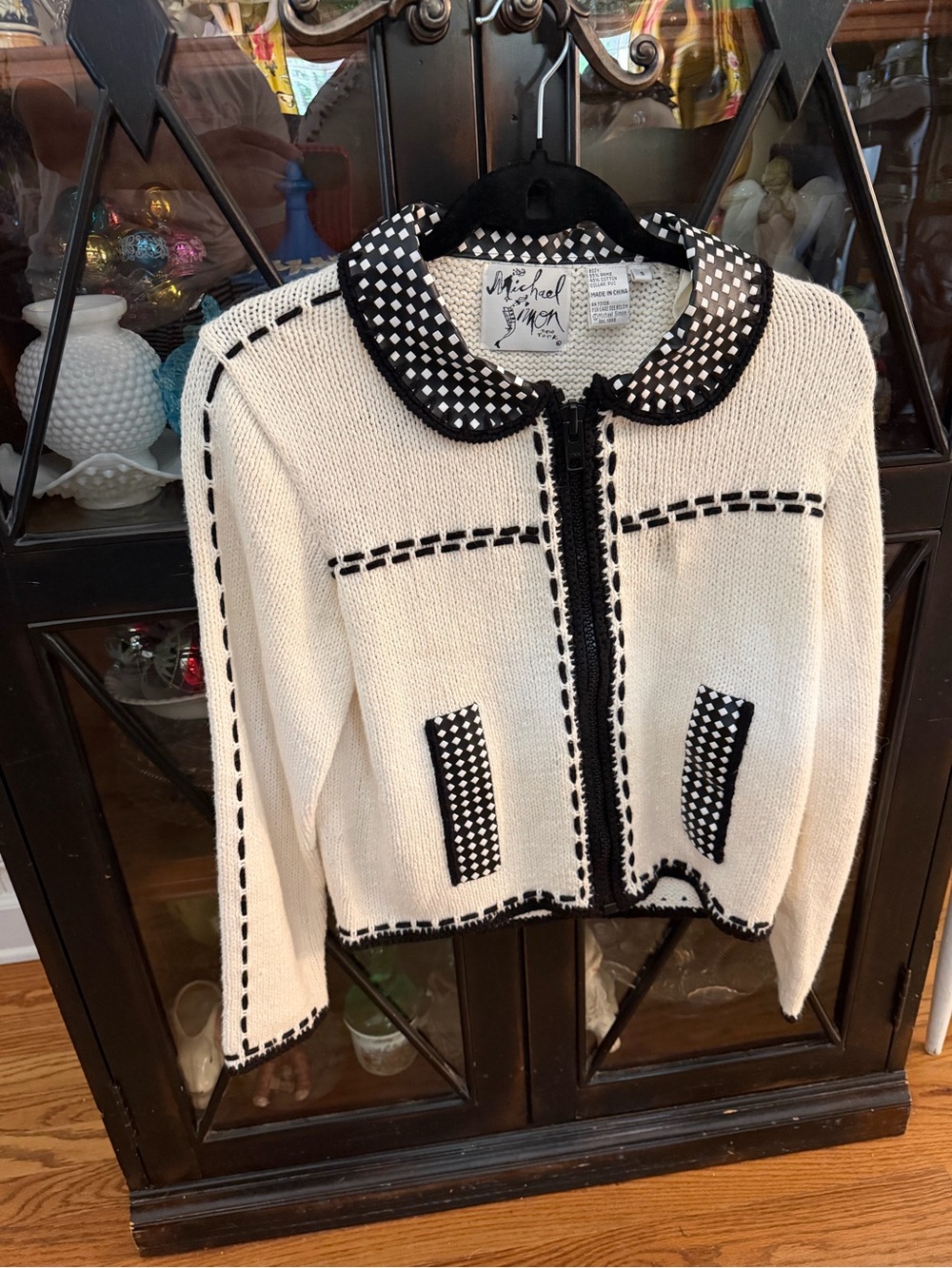 Michael Simon Cream and Black Knit Zip-Front Cardigan